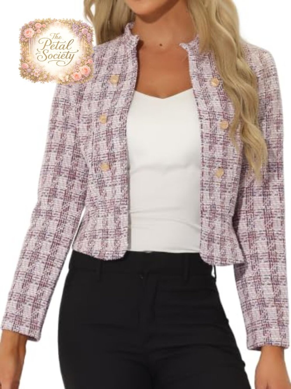Vintage Tweed Cropped Blazer Business Open Front Jacket Stand Collar
